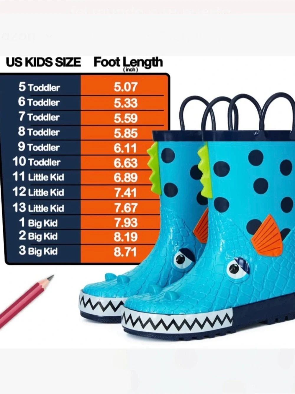 Kushyshoo Rubber Big Kids Rain Boots Piranha 3D Cartoon Rain Boots! Size 1
